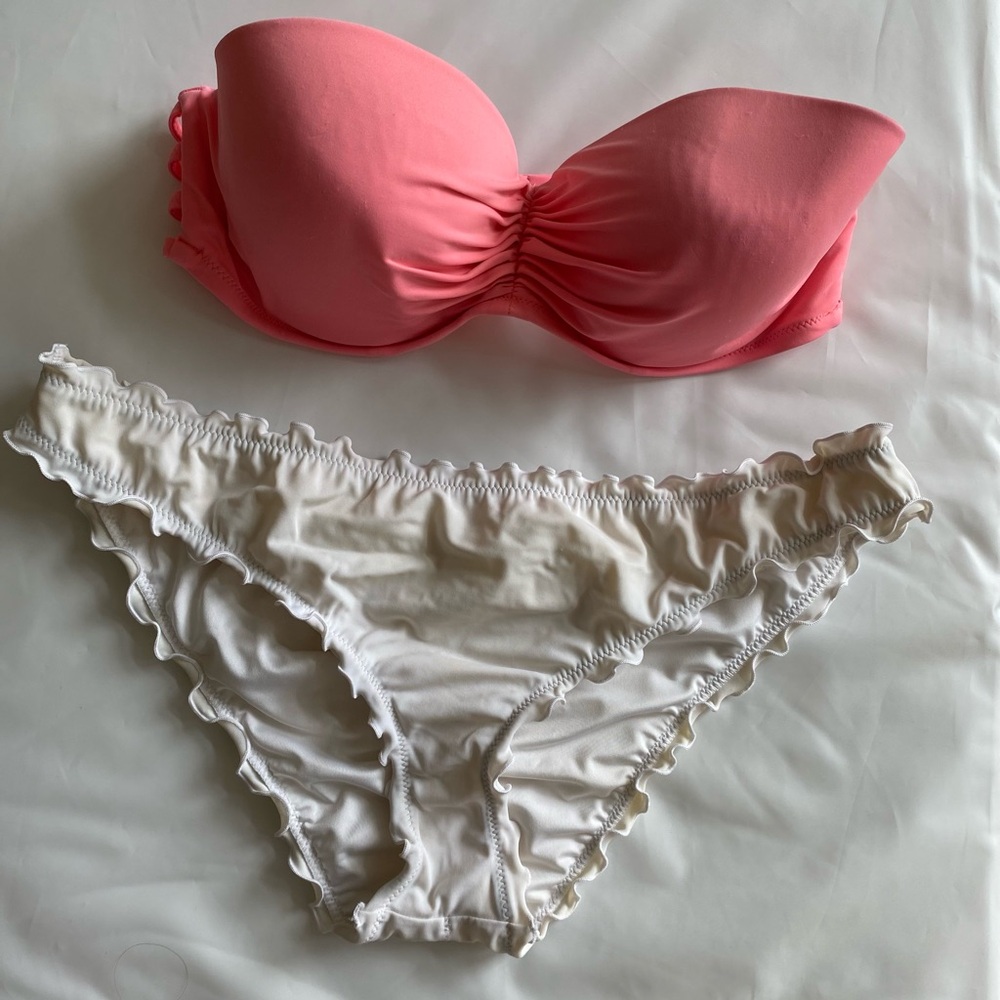 Pink Strapless Bikini Top with White Ruffle Bikini Bottom
